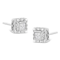 .925 Sterling Silver 1/6 Cttw Invisible Set Princess-Cut Diamond Quad Composite Stud Earrings (H-I Color, I1-I2 Clarity).