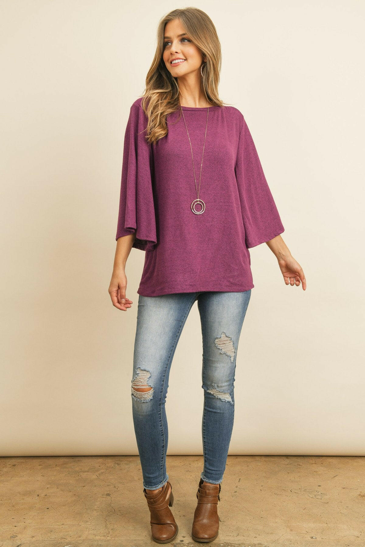 Boat Neck Bell Sleeve Solid Hacci Brushed Top