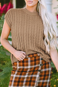 Laura Crew Neck Cable Knit Short Sleeve Sweater.