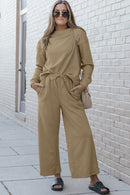 Double Take Full Size Textured Long Sleeve Top and Drawstring Pants Set.