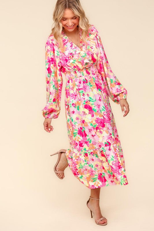 Haptics Full Size Floral Surplice Balloon Sleeve Dress with Side Pockets.