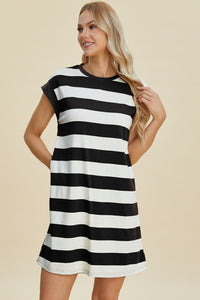 Basic Bae Full Size Striped Round Neck Cap Sleeve Mini Dress.