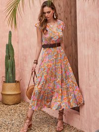 Ruffled Printed V-Neck Cap Sleeve Tiered Dress