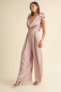 MABLE 3D Floral Applique Deep Cowl Neck Jumpsuit.