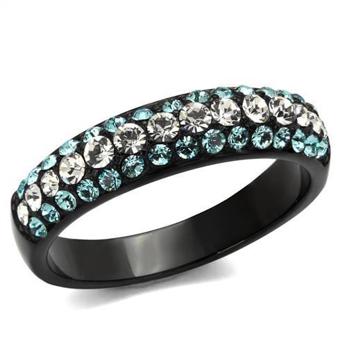 IP Black(Ion Plating) Stainless Steel Ring With Top Grade Crystal in Sea Blue