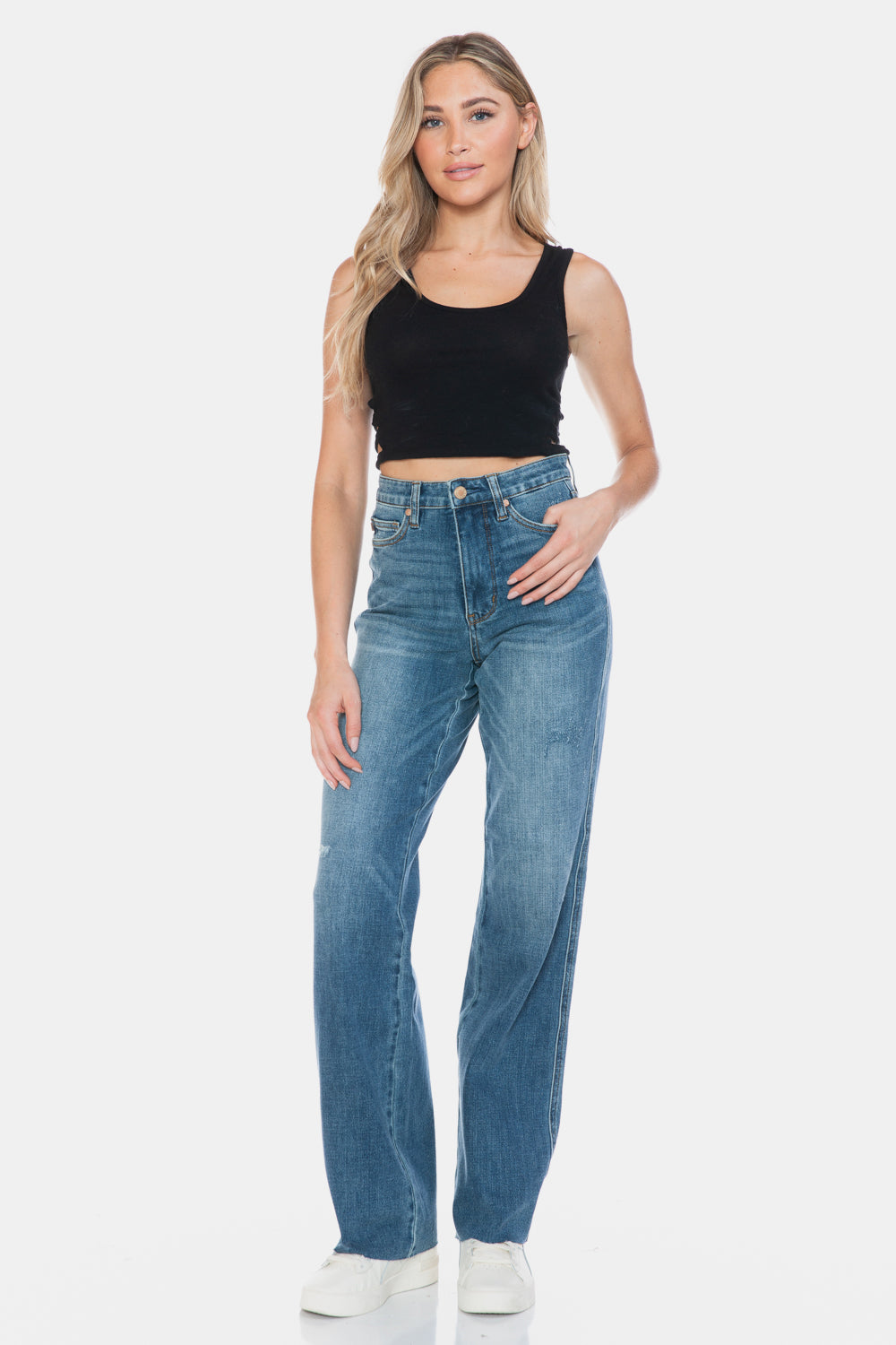 Judy Blue Full Size Tummy Control Cut Raw Hem Straight Jeans.