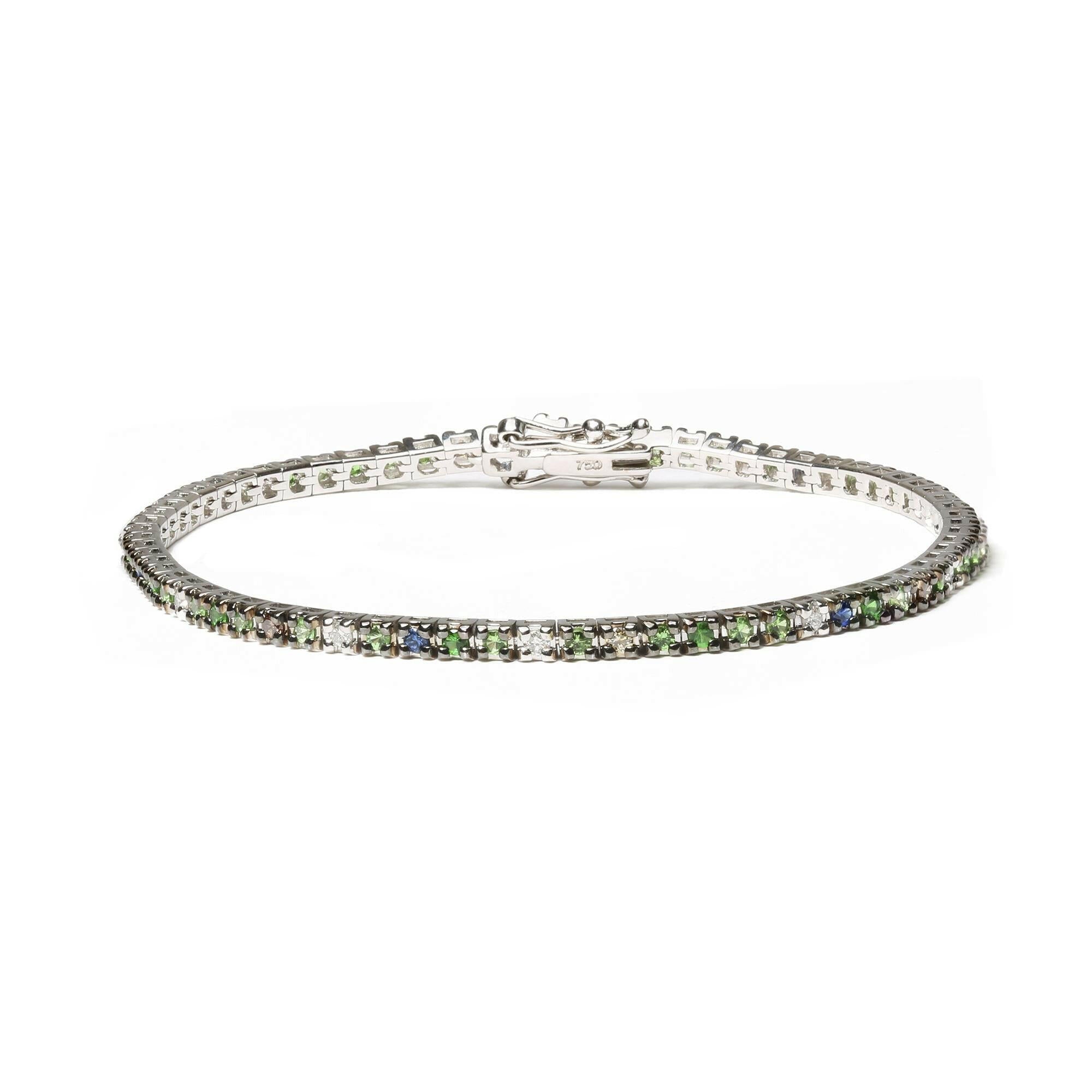 18K White Gold 3/8 Cttw Diamond With Blue Sapphire and Green Tsavorite Gemstone Multi-Colored Tennis Bracelet (Brown And