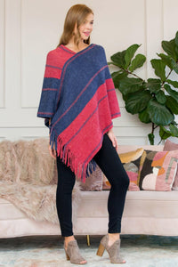 Hdf3007rdbl - Red Blue Two Tone Chain Print Fringe Poncho.