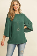 Boat Neck Bell Sleeve Solid Hacci Brushed Top.