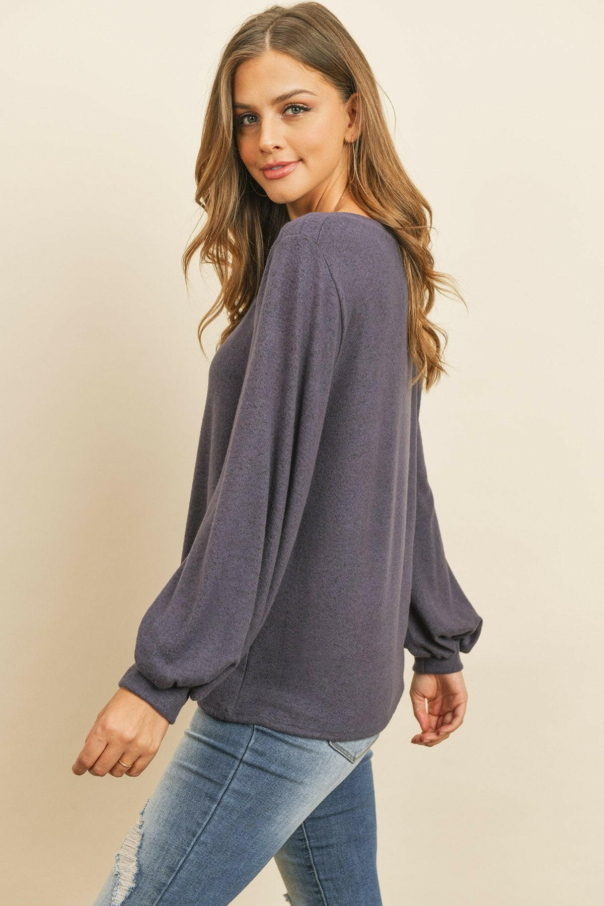 Puff Sleeved Boat Neck Two Toned Brushed Hacci Top.