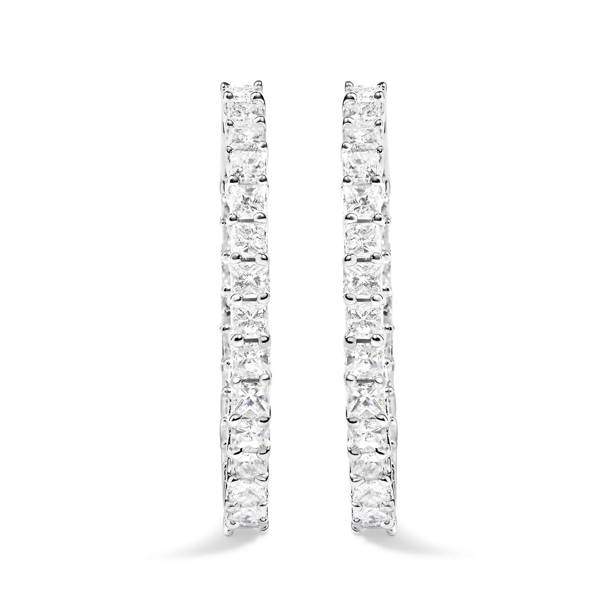 14K White Gold Natural Princess Cut Diamond Inside Out Hoop Earrings (G-H Color, SI2-I1 Clarity).