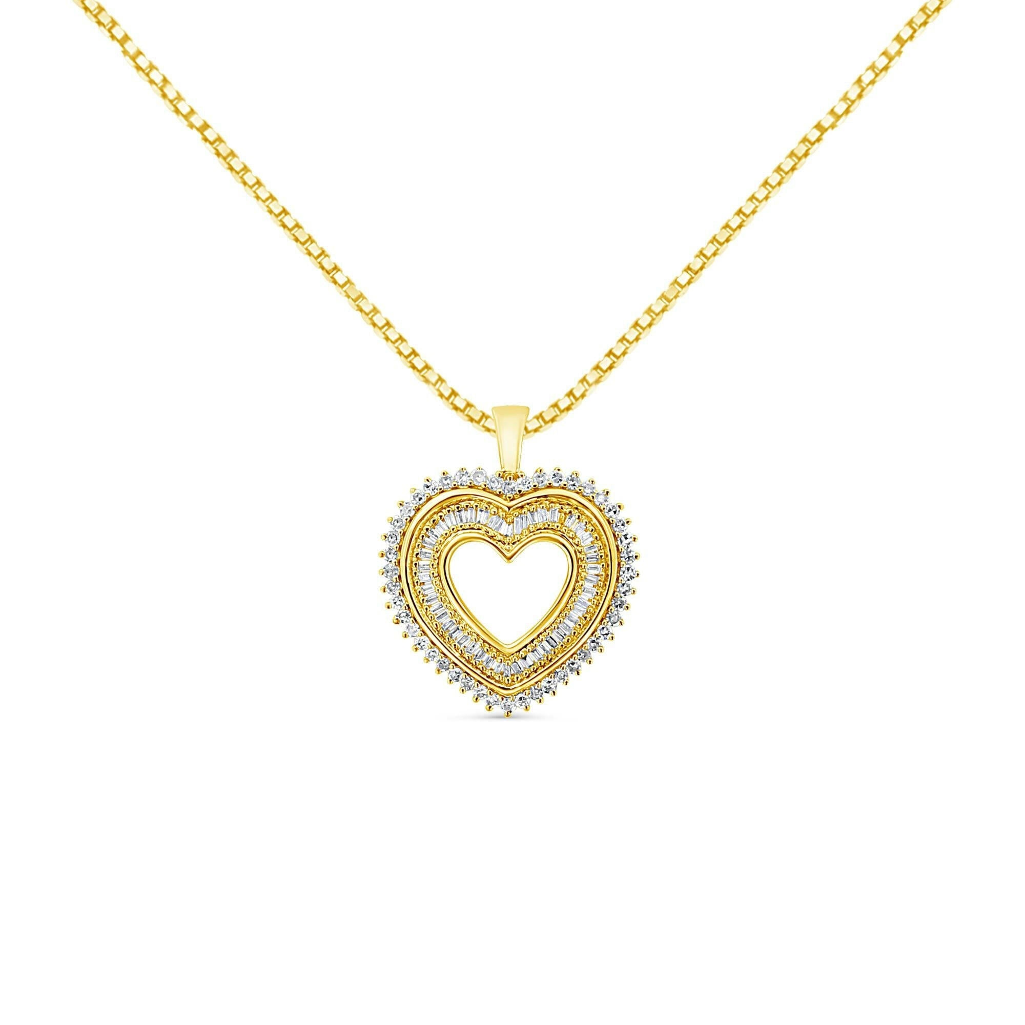 14K Yellow Gold Plated .925 Sterling Silver 1.0 Cttw Round and Baguette-Cut Diamond Composite Hearth 18" Pendant Necklac