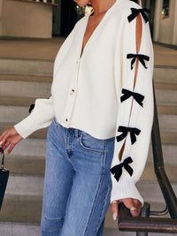 Bow V-Neck Cutout Sleeve Cardigan.