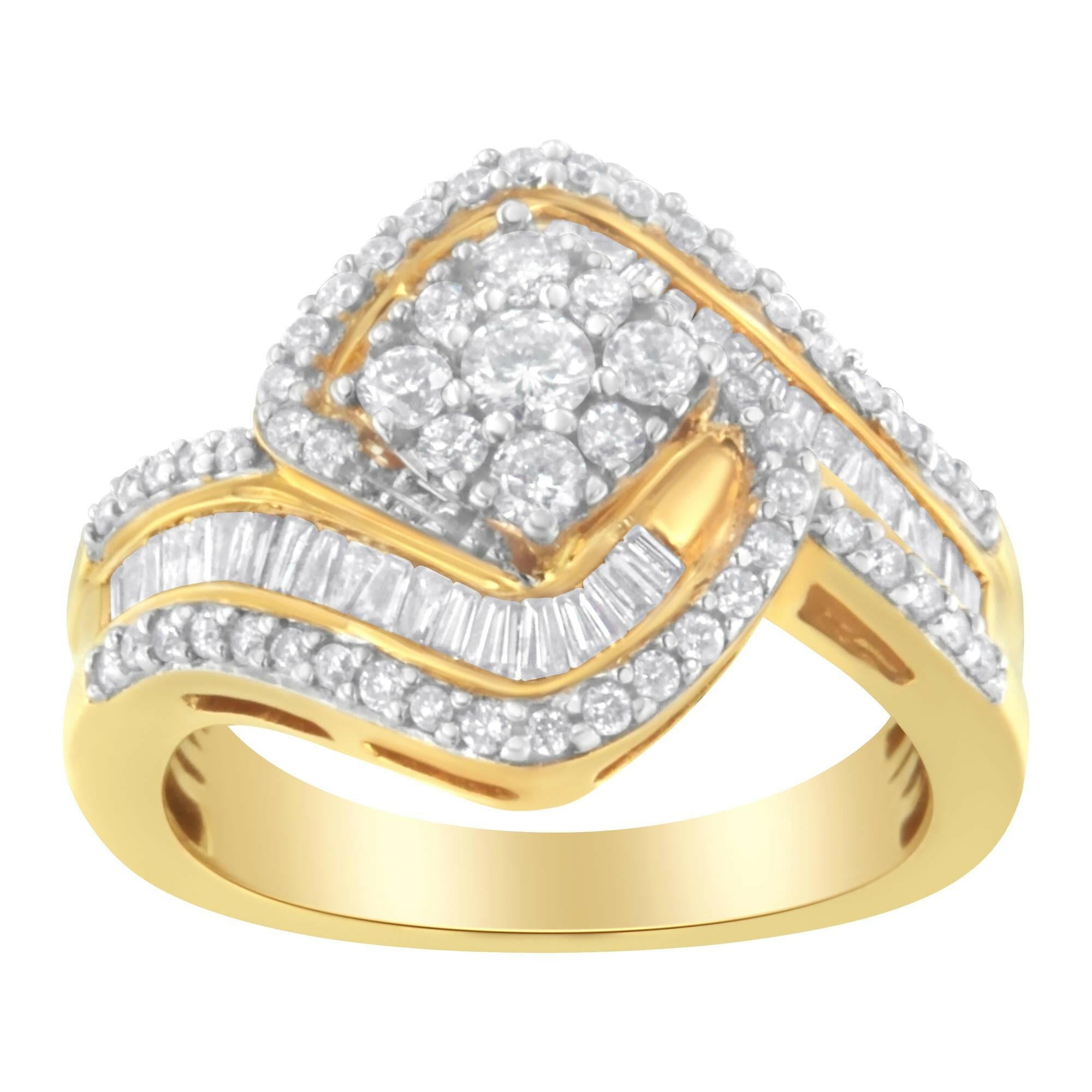 14K Yellow Gold 1.0 Cttw Baguette & Brilliant-Cut Diamond Round Floral Cluster Engagement or Fashion Ring With Swirl Wra