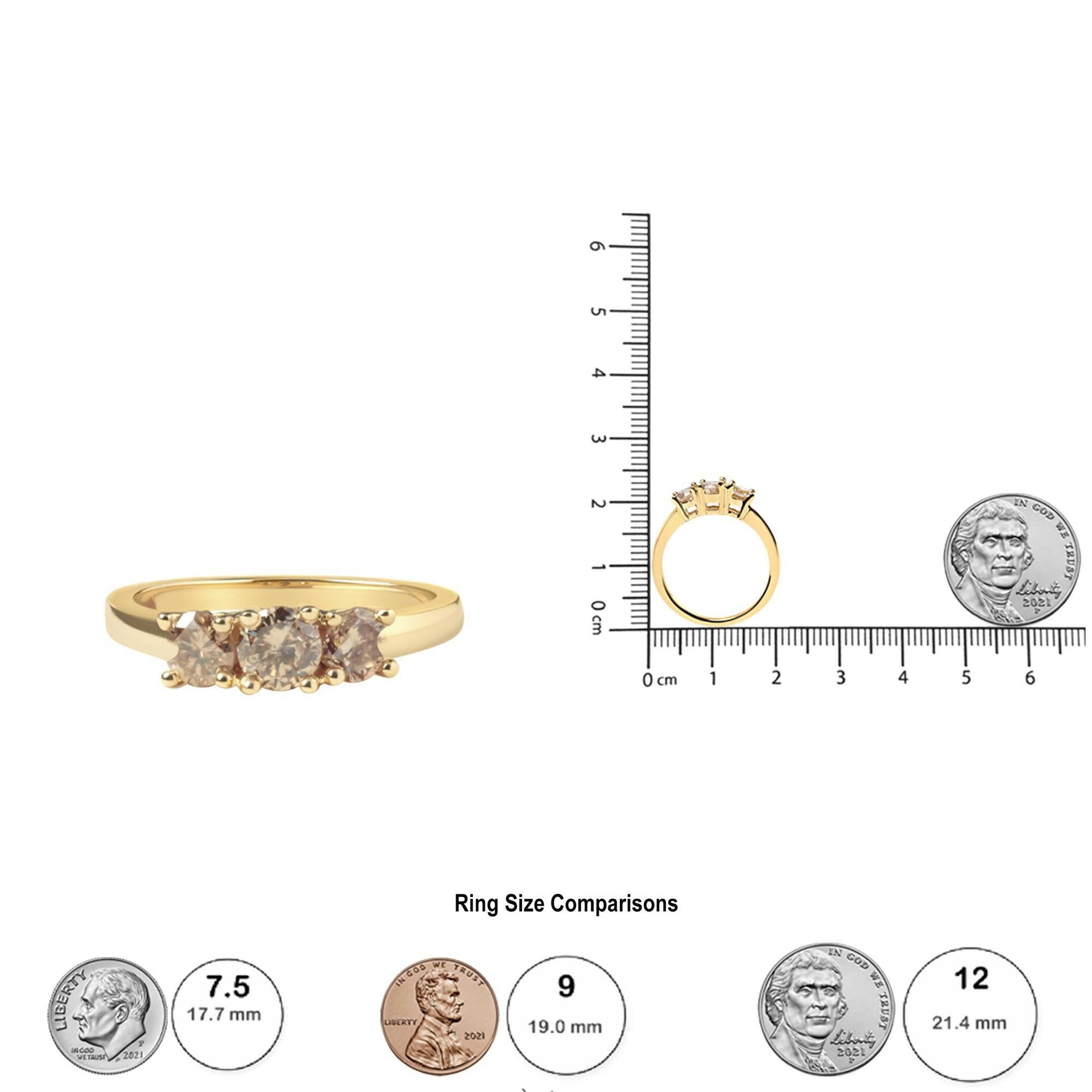 10K Yellow Gold 1.00 Cttw Champagne Diamond 3-Stone Band Ring (J-K Color, I1-I2 Clarity).