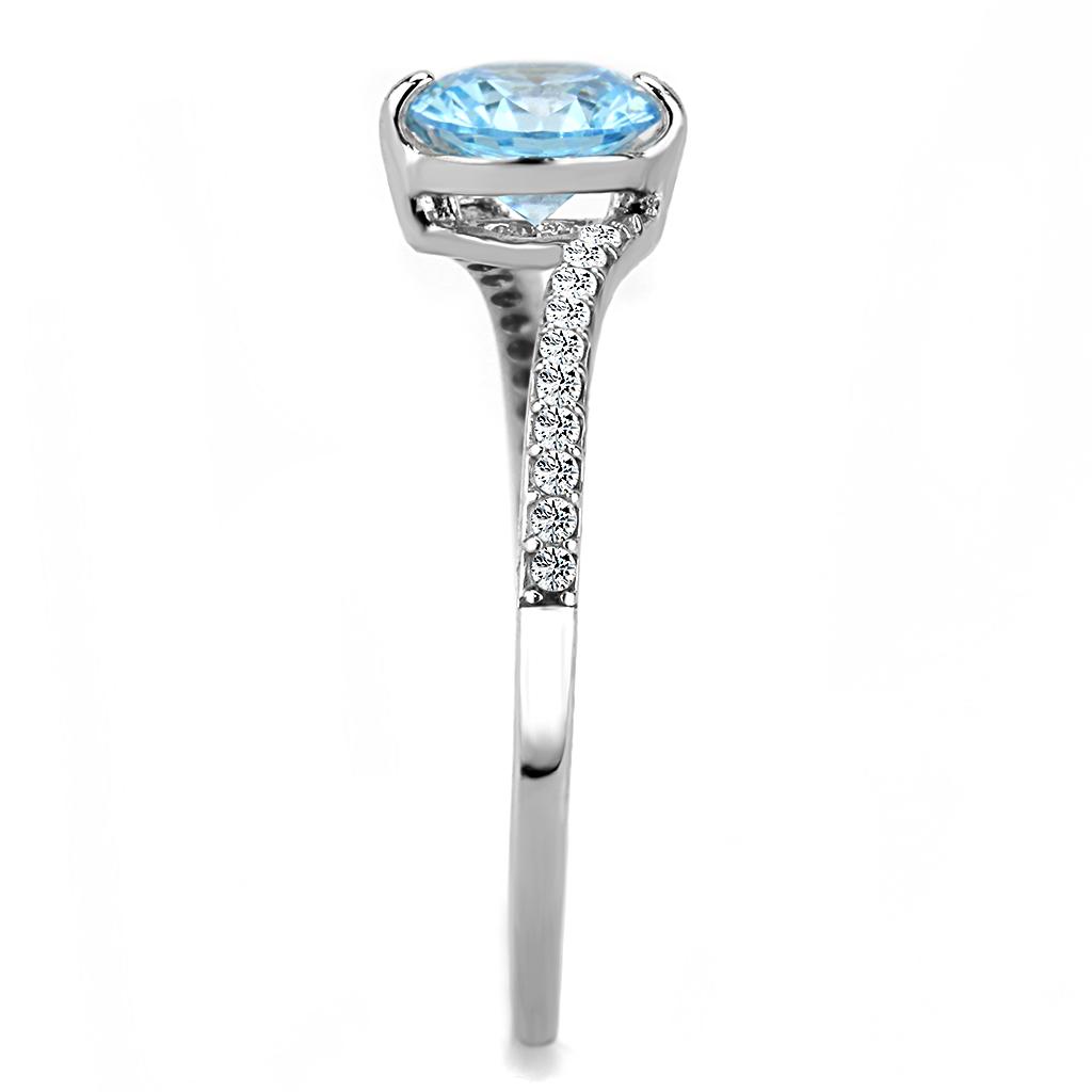 High Polished (No Plating) Stainless Steel Ring With AAA Grade CZ in Sea Blue