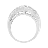 .925 Sterling Silver 1.0 Cttw Channel Set Alternating Round and Baguette Diamond Cross-Over Bypass Ring Band (I-J Color,.