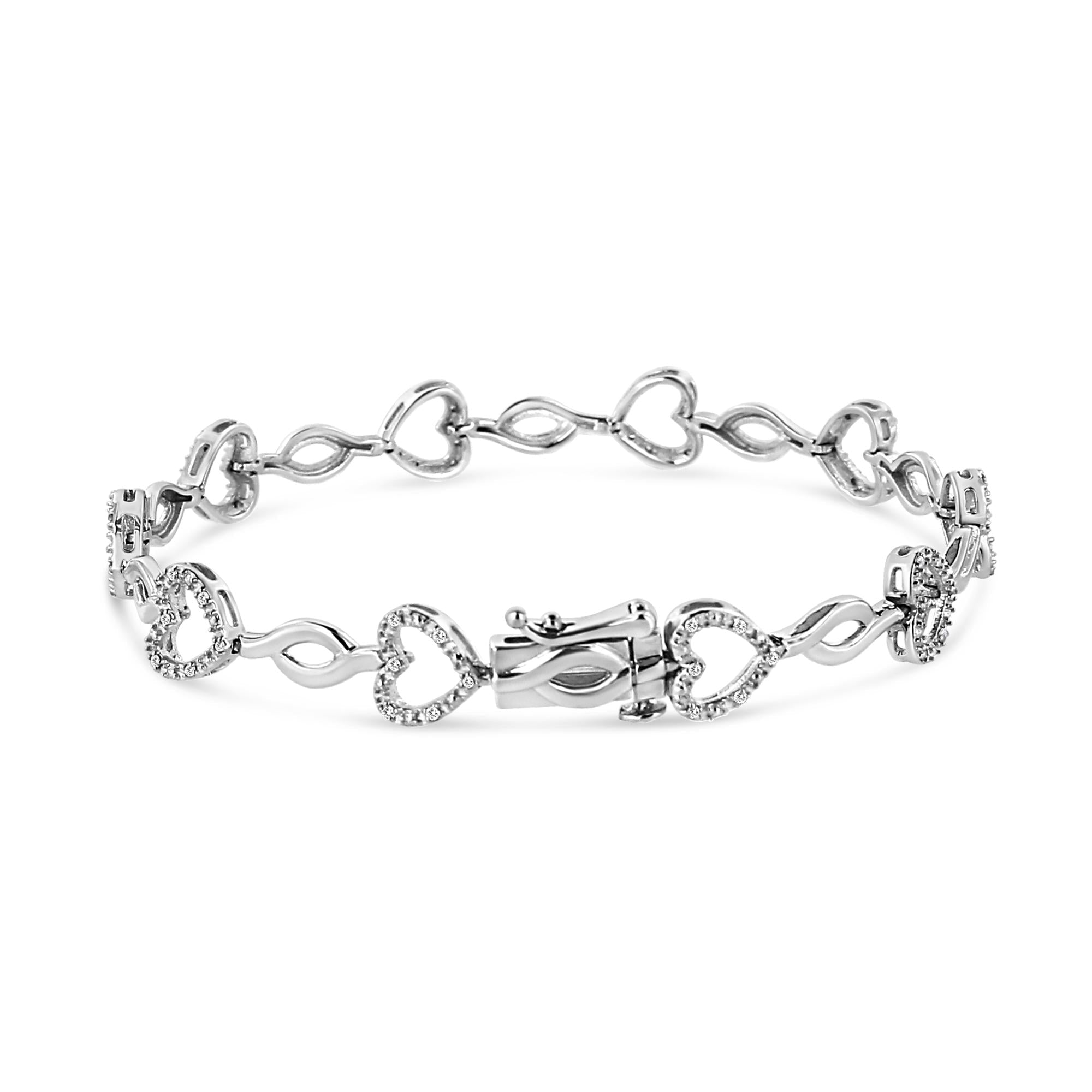 .925 Sterling Silver 1/4 Cttw Round-Cut Diamond Alternating Heart and Leaf Link Bracelet (I-J Color, I3 Clarity) - Size