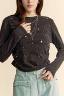 Davi & Dani Side Ruched Rhinestone and Star Detail Round Neck Top.