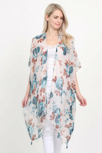 Open Front Knee Length Floral Cardigan.