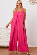 Double Take Full Size Ruffle Trim Tie Back Cami Jumpsuit with Pockets.