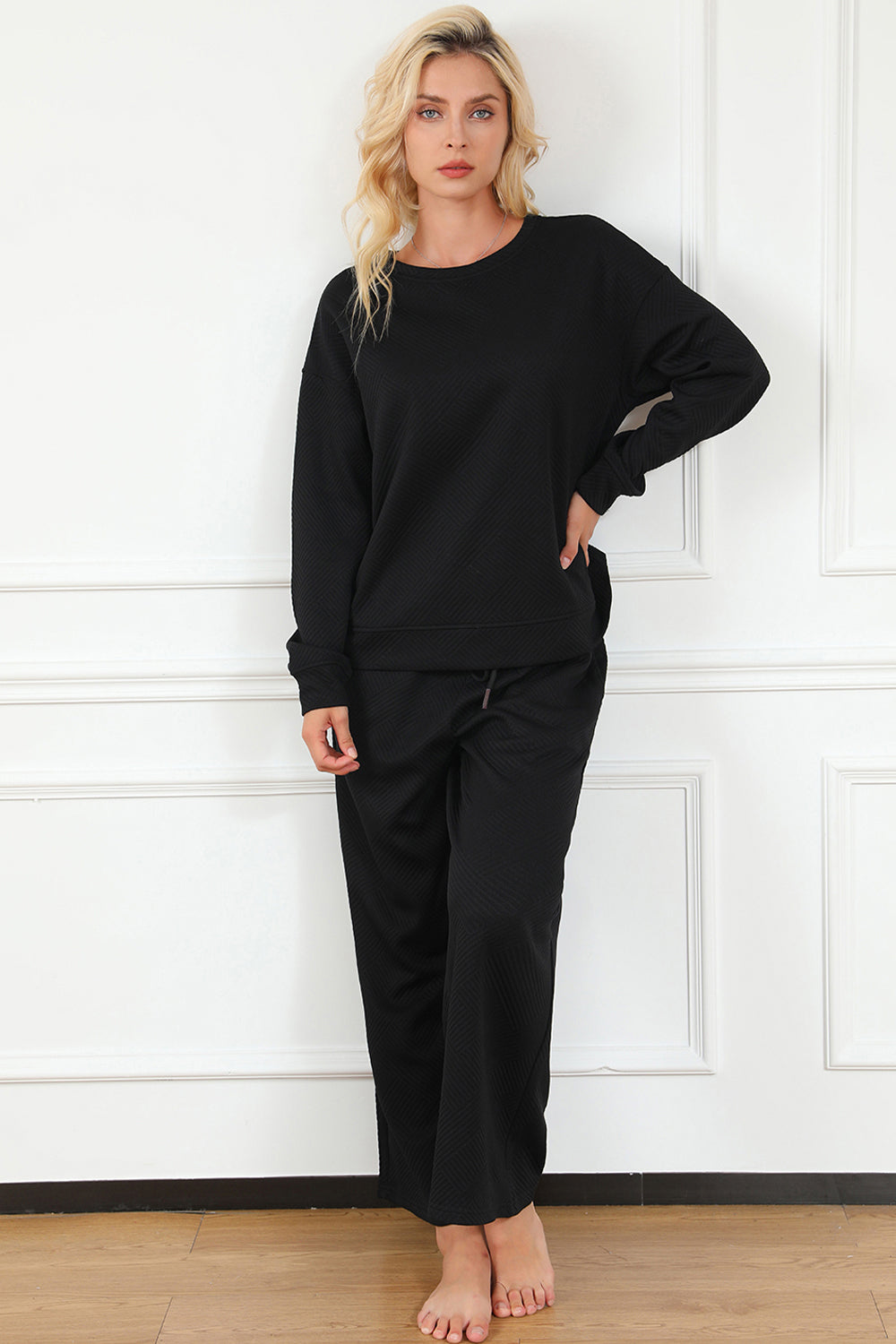 Double Take Full Size Textured Long Sleeve Top and Drawstring Pants Set.