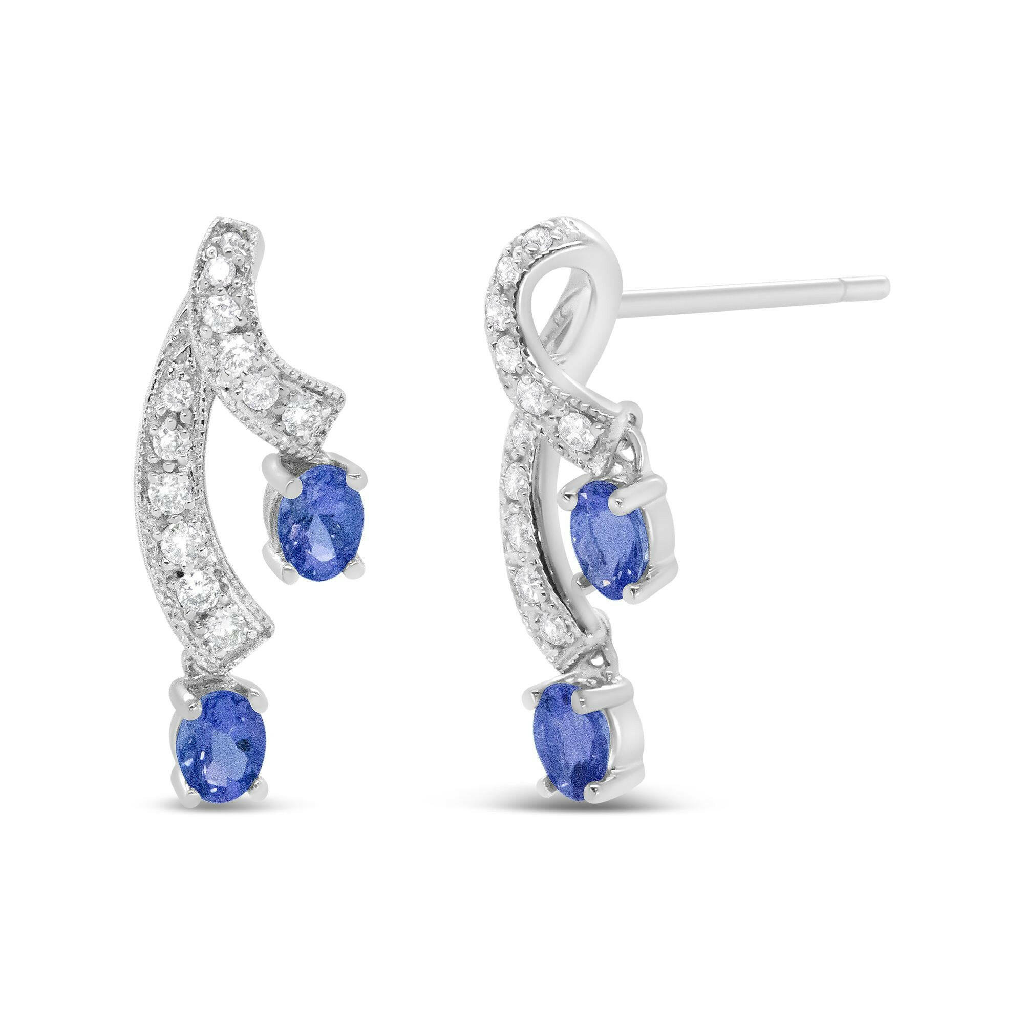 14K White Gold 4x3MM Oval Shaped Natural Blue Tanzanite Gemstone and 1/5 Cttw Diamond Double 3/4" Inch Drop Stud Earring.