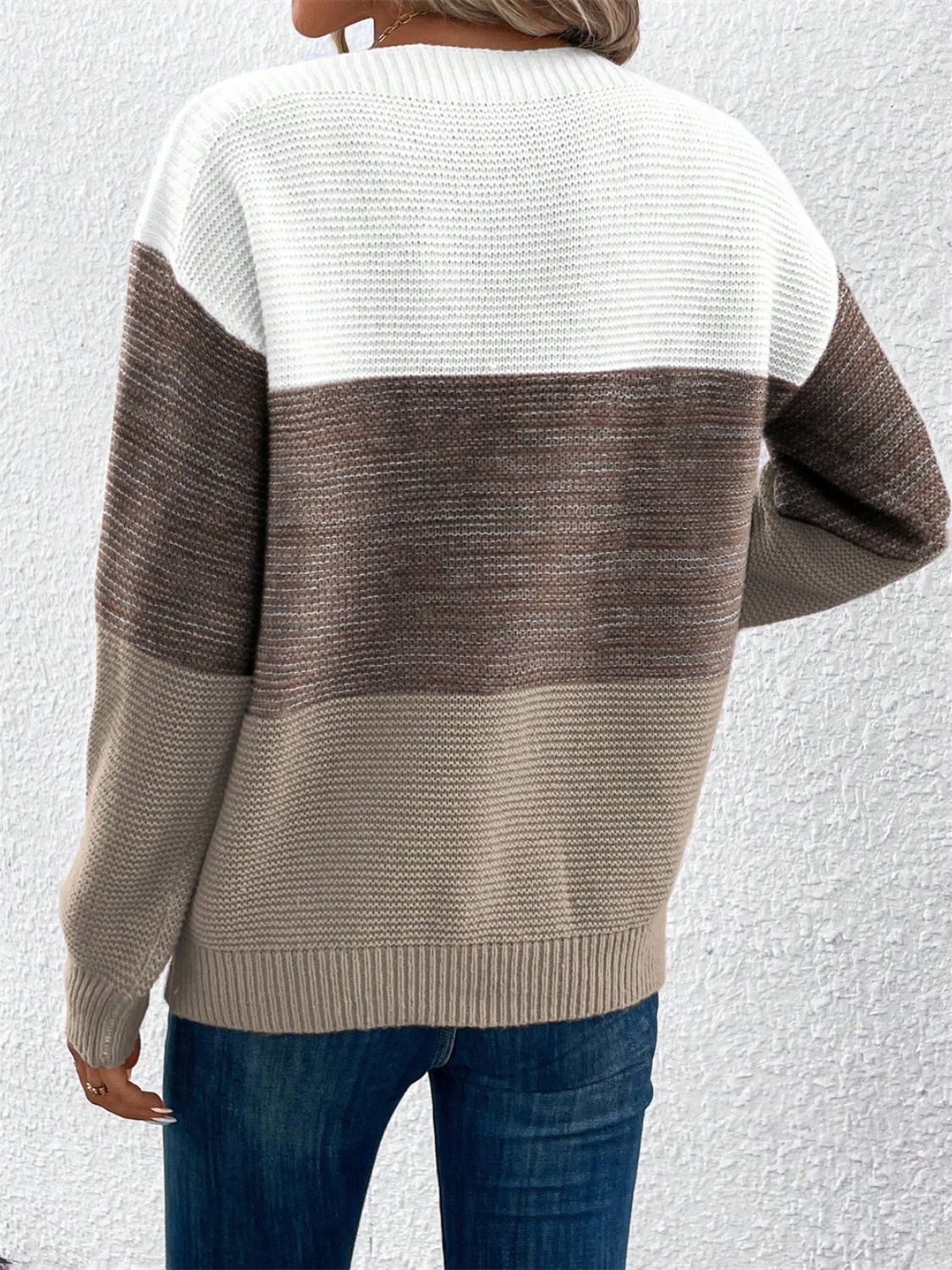 Color Block Drop Shoulder Long Sleeve Sweater.