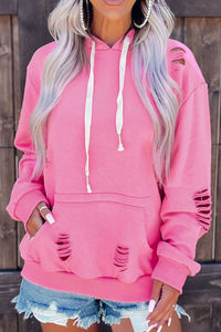 Distressed Drawstring Long Sleeve Hoodie.