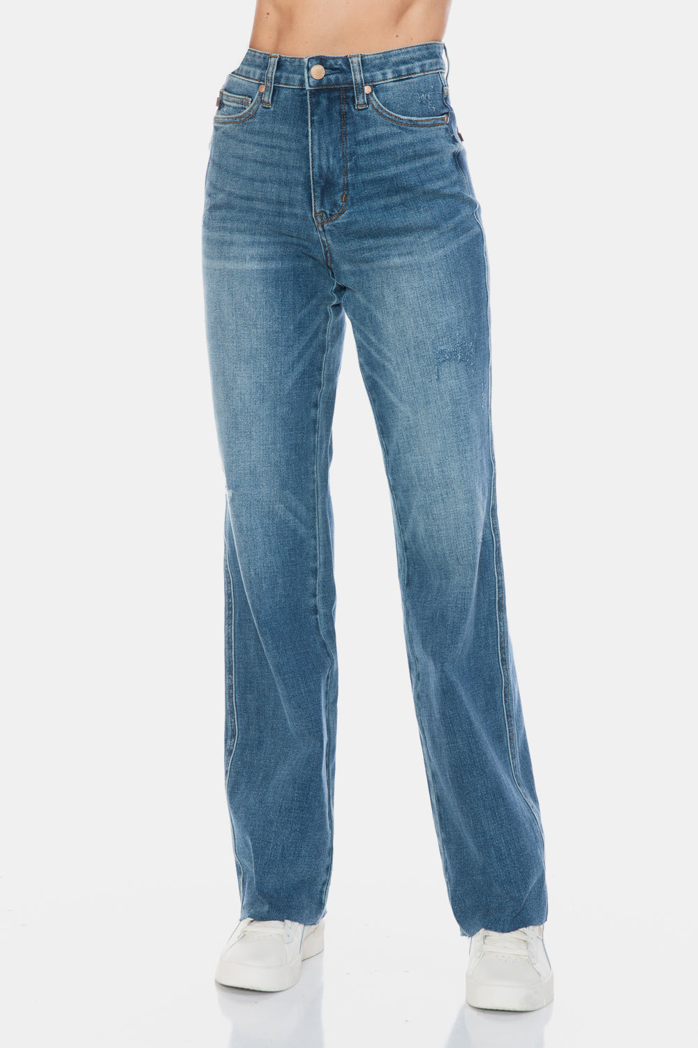 Judy Blue Full Size Tummy Control Cut Raw Hem Straight Jeans.