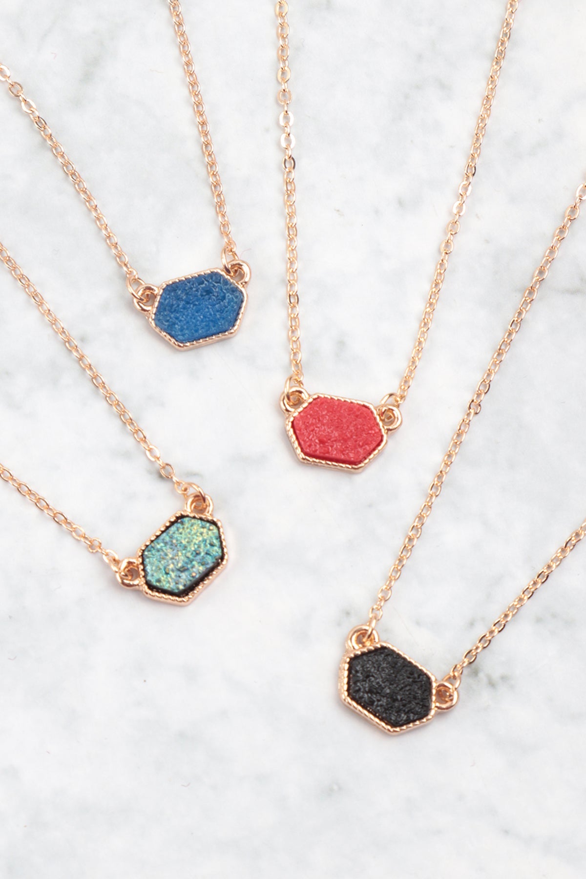 Druzy Hexagon  Necklaces With Stud Earrings.