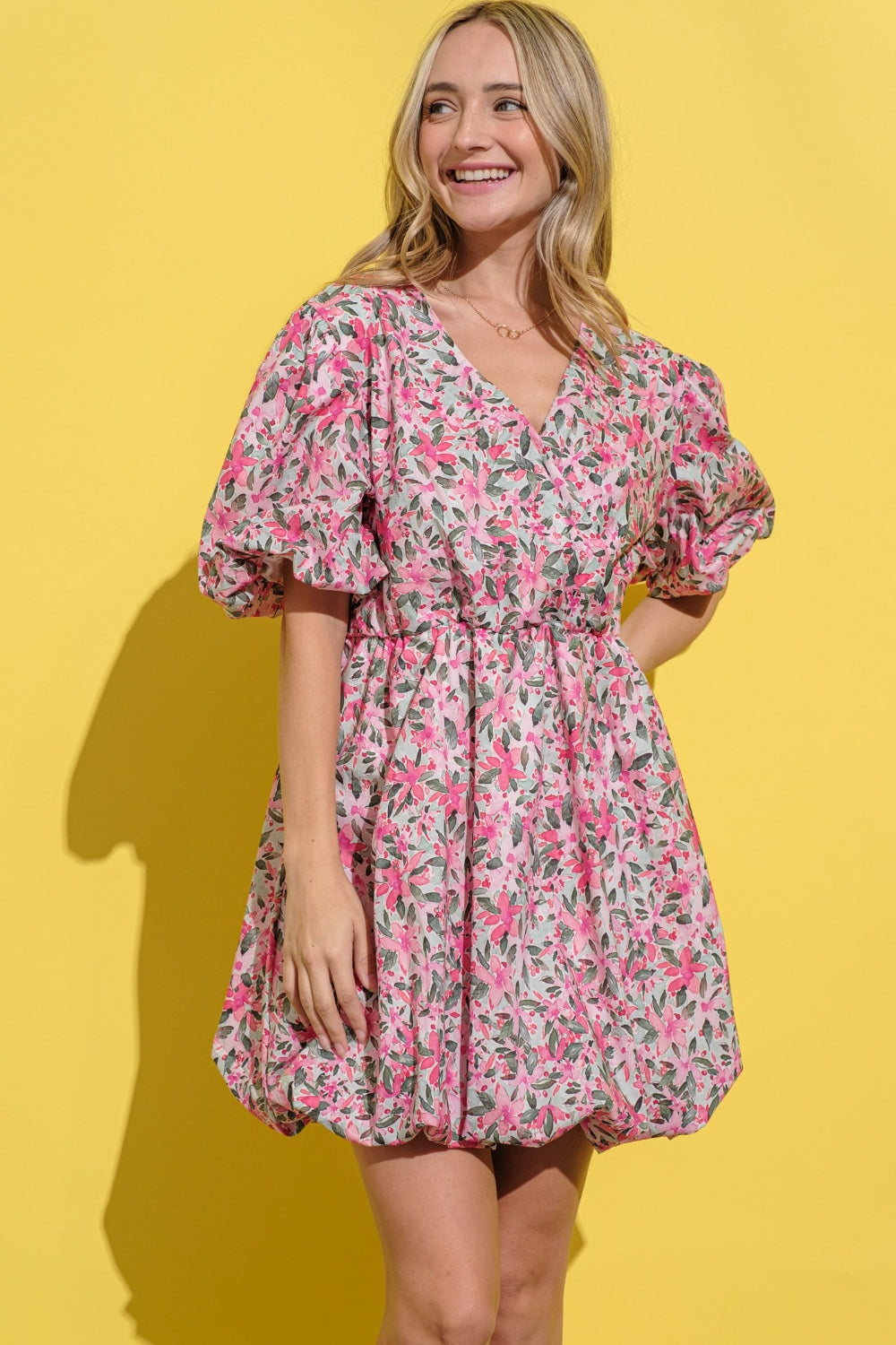 And The Why Full Size Floral Surplice Puff Sleeve Dress.