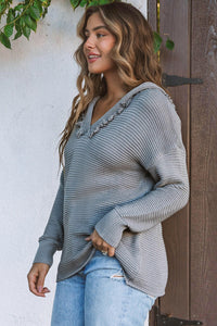 Collins v Neck Ribbed Drop Shoulder Hooded Sweater.