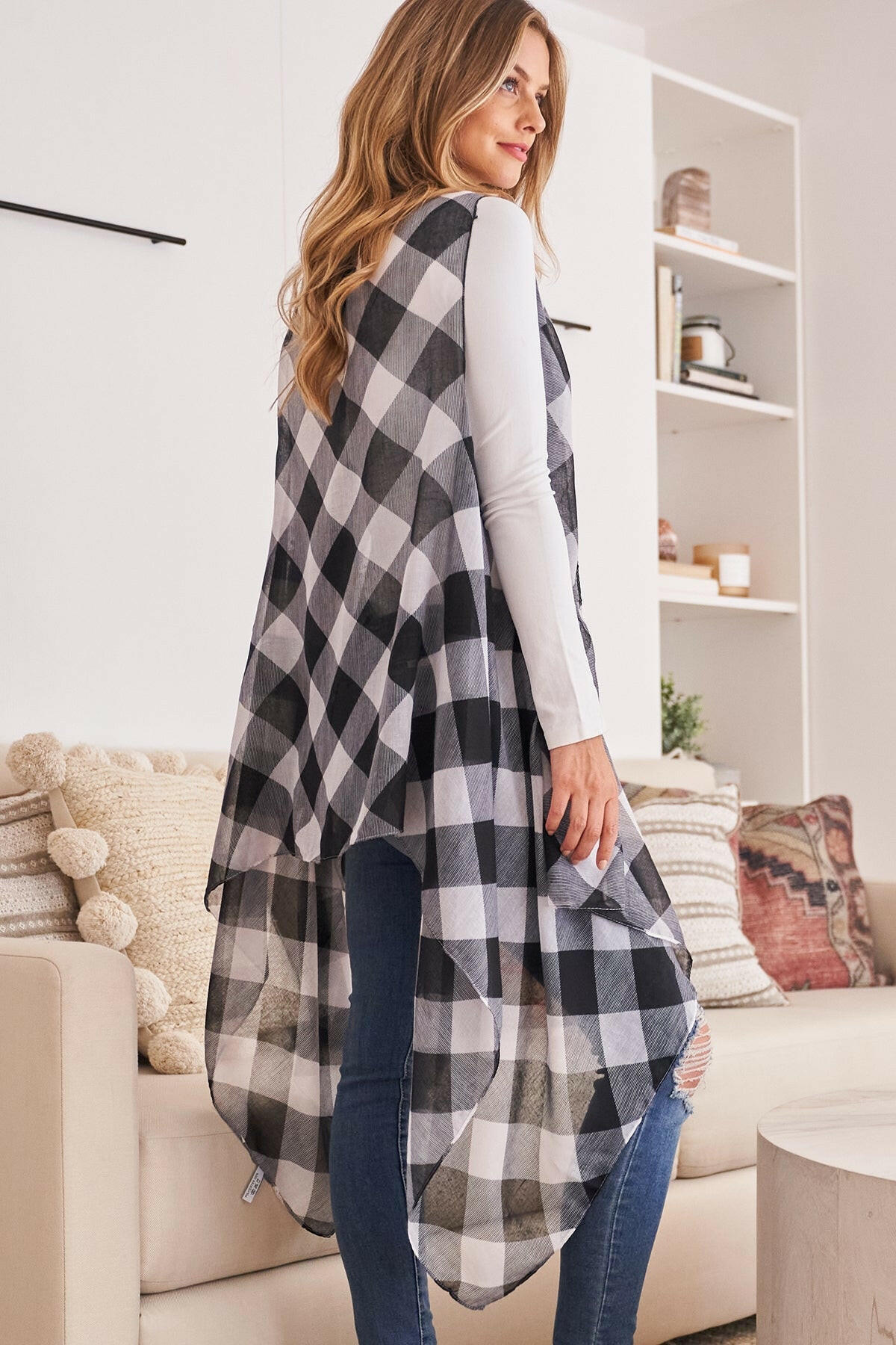 Hdf2567 - Plaid Knee Length Kimono Cardigan.