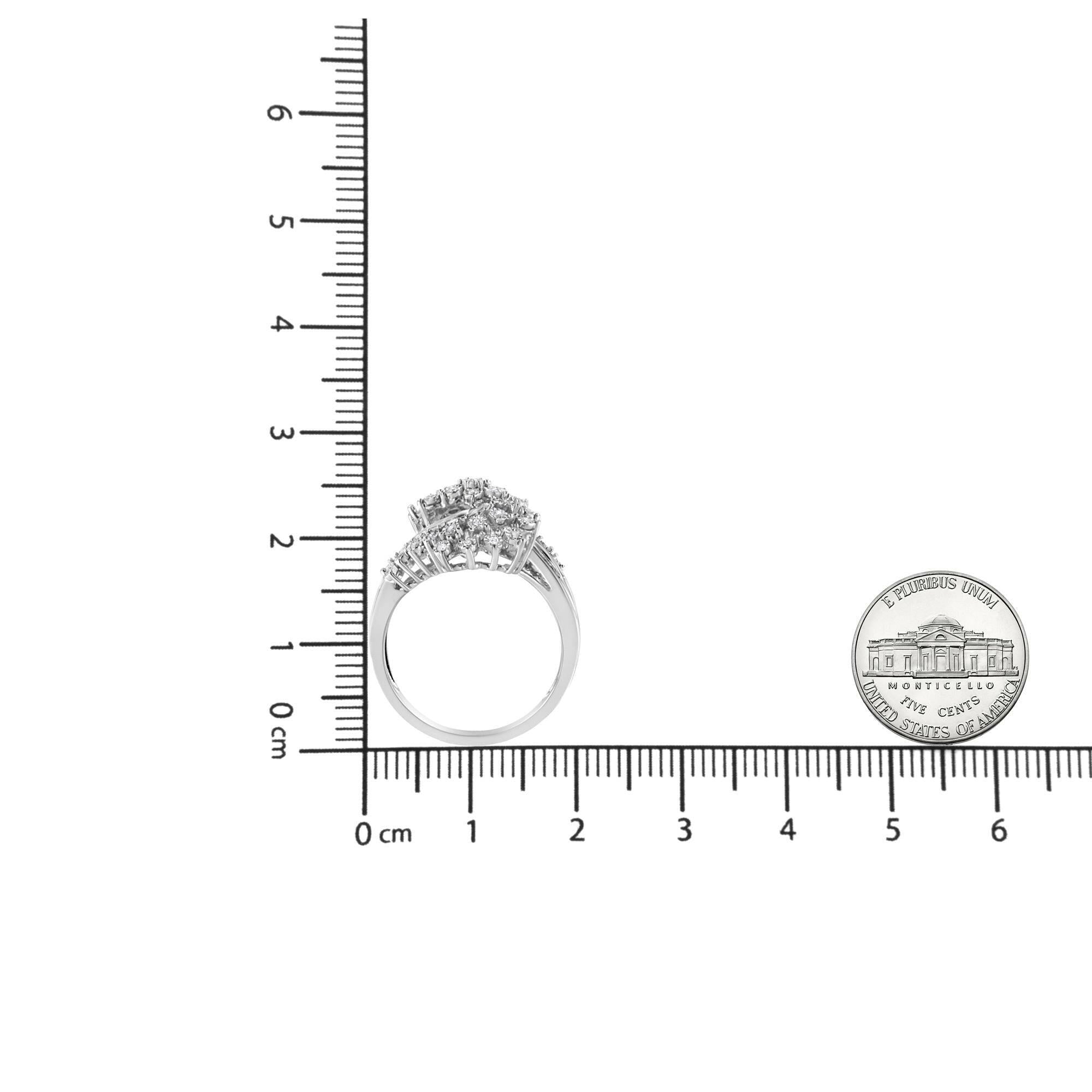 10K White Gold 1/2 Cttw Round and Baguette-Cut "S" Shaped Bypass Cocktail Ring (I-J Color, I1-I2 Clarity).