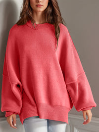 Double Take Side Slit Round Neck Long Sleeve Sweater.