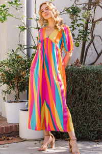 ODDI Full Size Striped Puff Sleeve Wide Leg Jumpsuit.