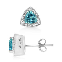 .925 Sterling Silver 6x6 Mm Trillion Cut Blue Topaz Gemstone and Diamond Accent Stud Earring (I-J Color, I1-I2 Clarity).