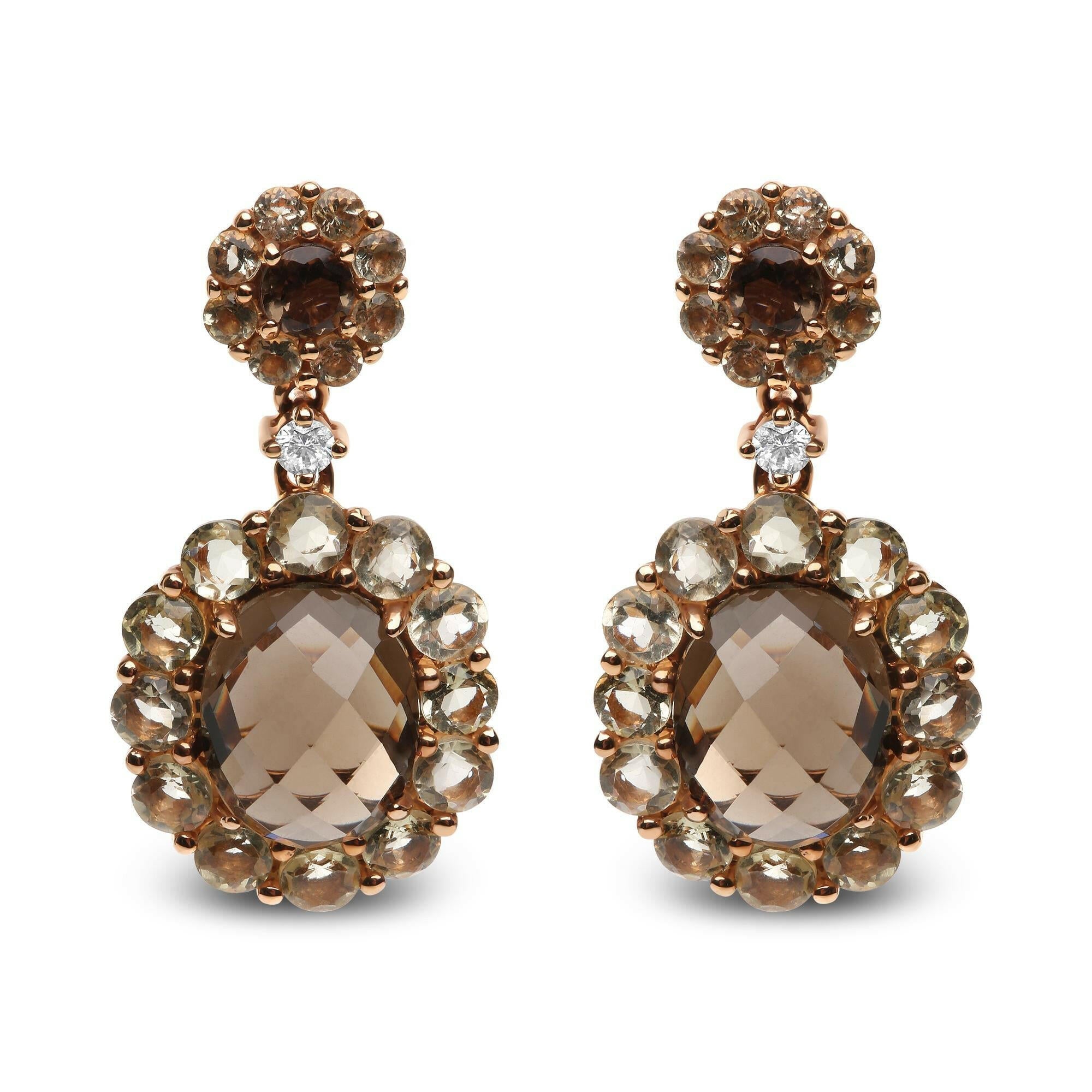 18K Rose Gold Diamond Accent and  Lemon and Oval Smoky Color Quartz Gemstone Dangle Drop Earring (G-H Color, SI1-SI2 Cla