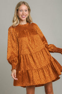 Umgee Smocked Leopard Long Sleeve Tiered Dress.