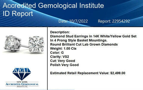 AGI Certified Lab Grown Diamond (G-Vs) Stud Earrings in 14K White or Yellow Gold - Choose 1 CTW or 2 CTW.