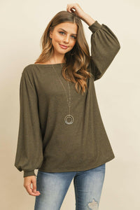 Puff Sleeved Boat Neck Two Toned Brushed Hacci Top.