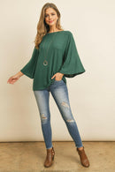 Boat Neck Bell Sleeve Solid Hacci Brushed Top.