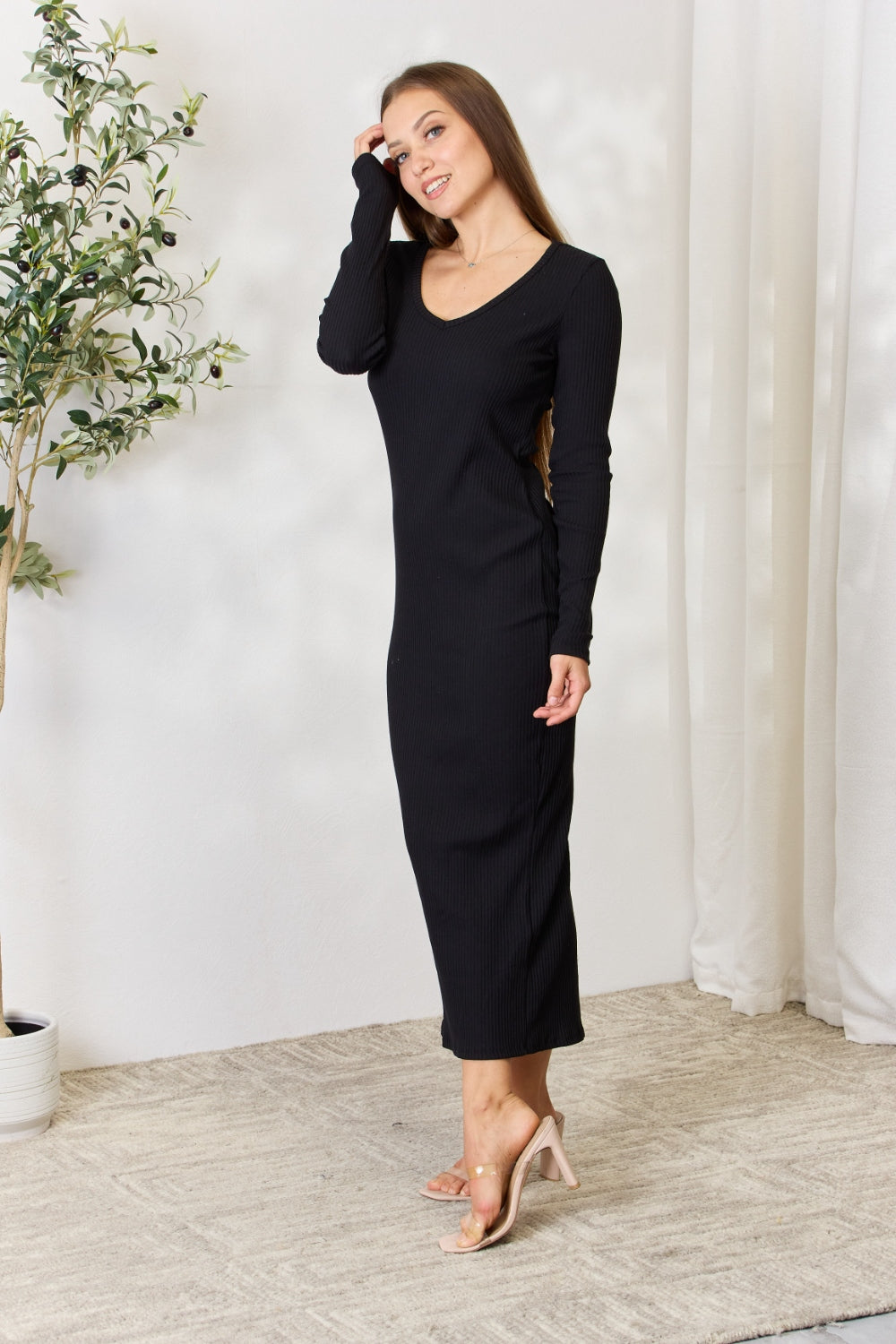 Culture Code Full Size Ribbed Long Sleeve Midi Slit Dress.