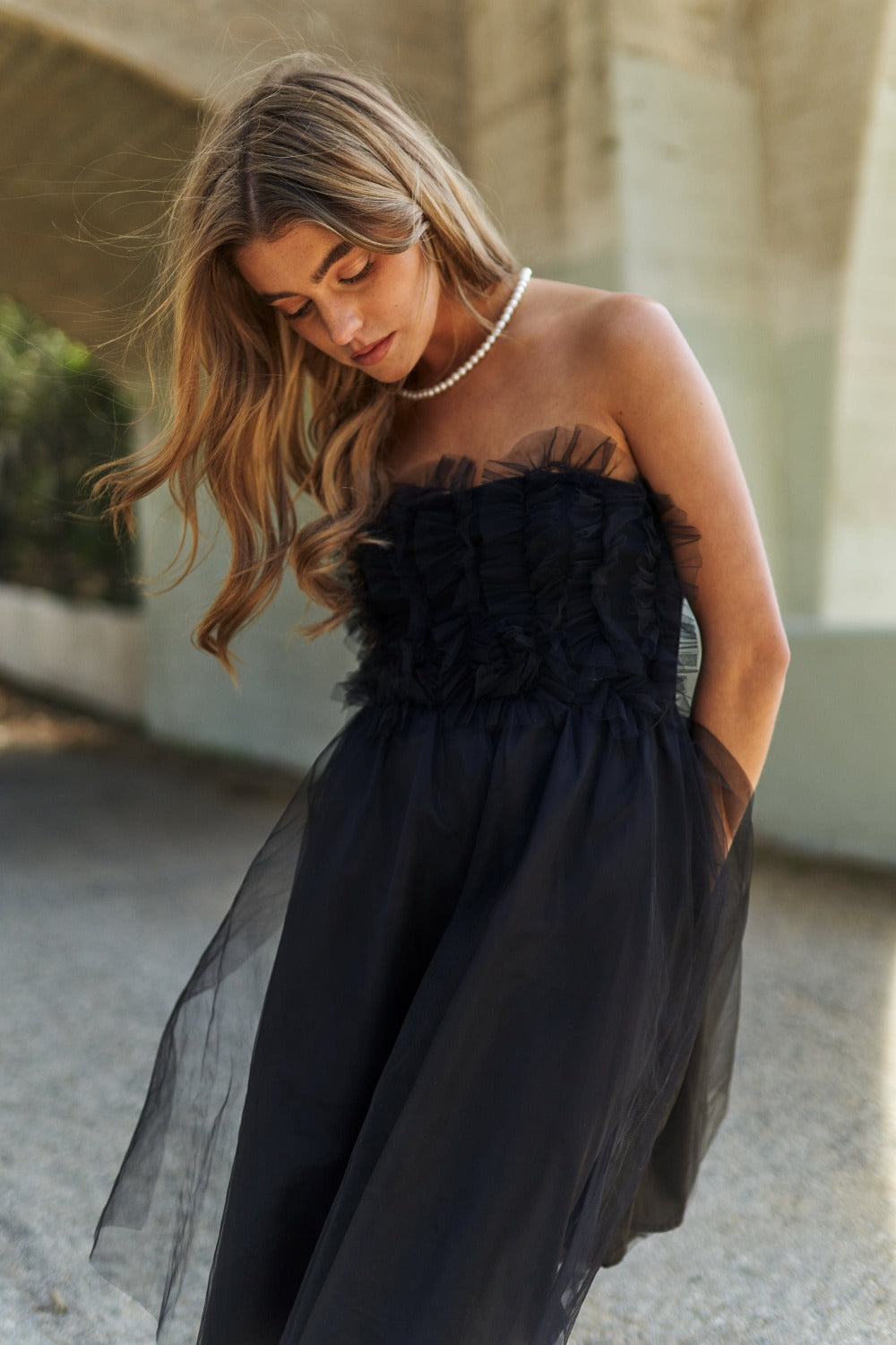 J.NNA Mesh Ruffle Tube Top Swing Dress.