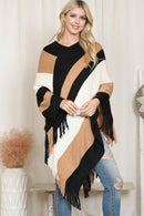 Hdf2099 - Color Block Fringe Poncho.