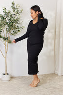 Culture Code Full Size Ribbed Long Sleeve Midi Slit Dress.