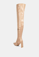 Minkles Patent Pu Long Slim Block Heeled Boots.