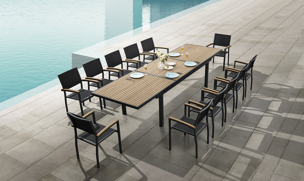 HIGOLD Heck 12+1 Pieces FSC Teak Aluminum Outdoor Dining Set for 12 Person, Extendable Table and Stackable Chair, Charcoal Black