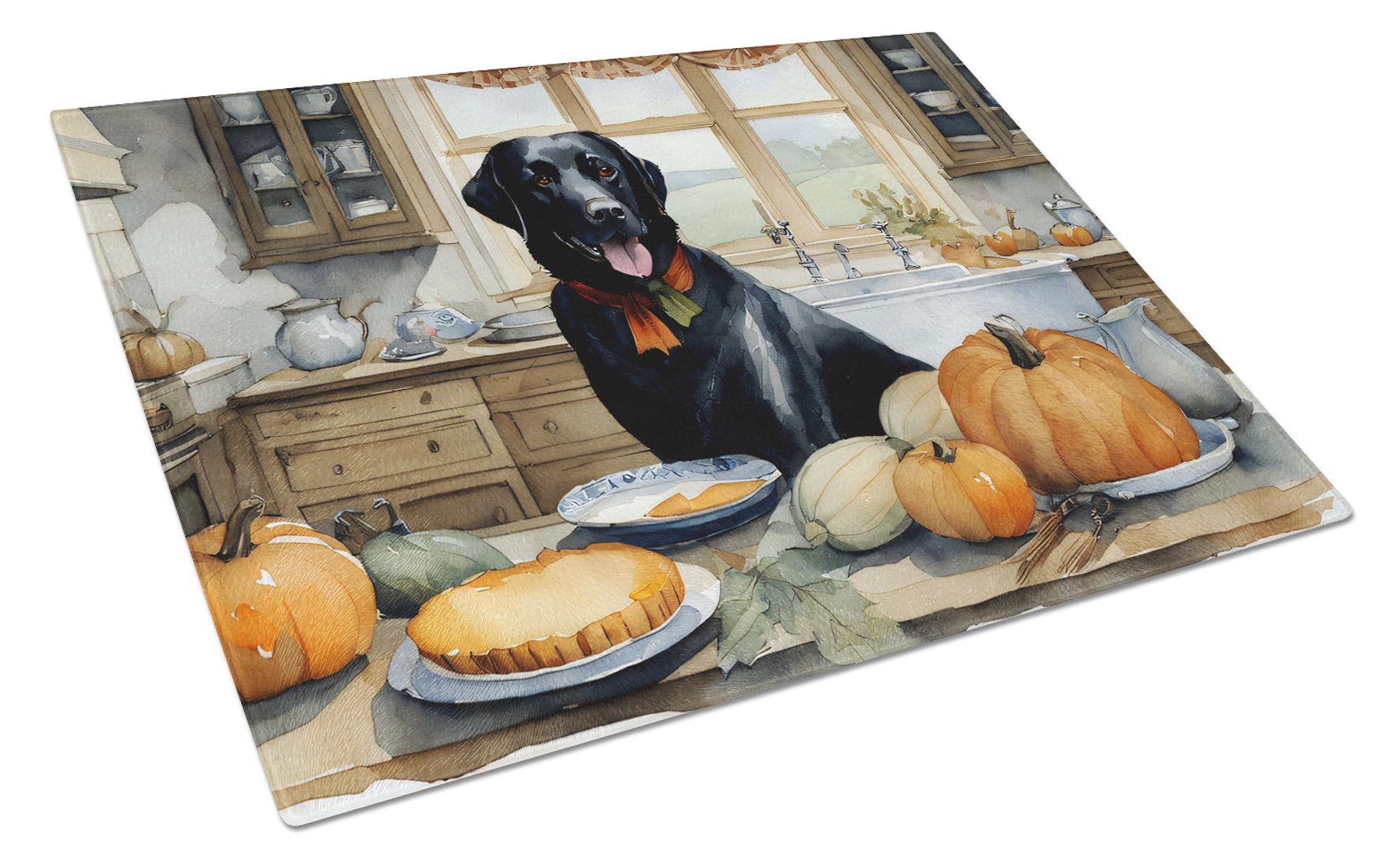 Black Lab Fall Kitchen Pumpkins Glass Cutting Board